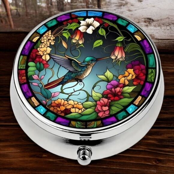 Mosaic Hummingbird Pill Box Medicine Mini Steel Case Mirrored Travel Purse Size - Picture 1 of 8